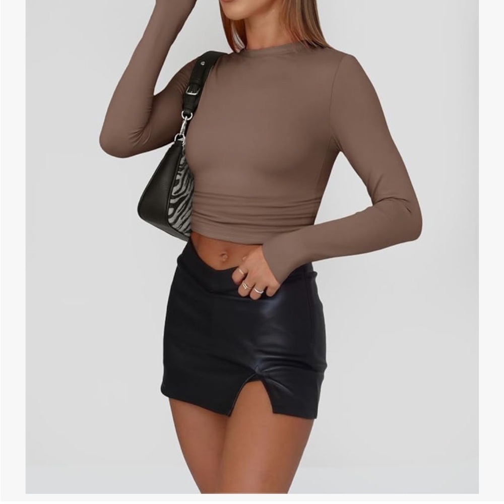 Women's Long Sleeve Crop Top in Taupe - Modern Fitted Tee